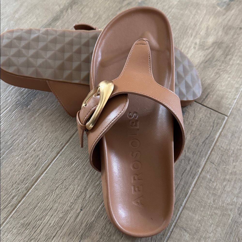 AEROSOLES Tan Sandals with Gold Buckle - Picture 2 of 7
